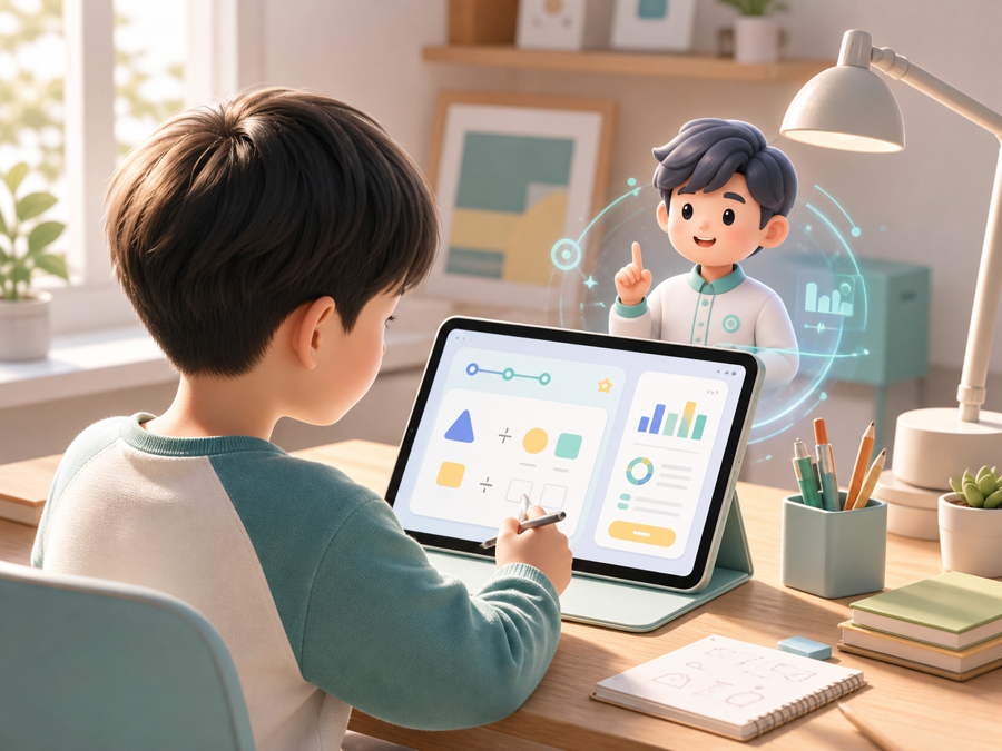 孩子在平板上体验 AI 数学小灶课的学习场景